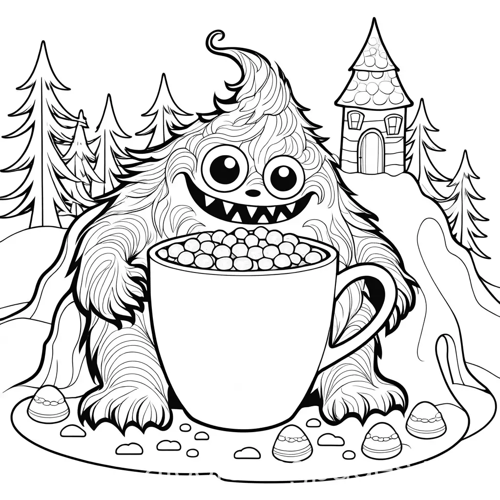 Monster-Enjoying-Hot-Cocoa-in-a-Snow-Fort-Simple-Coloring-Page-for-Kids