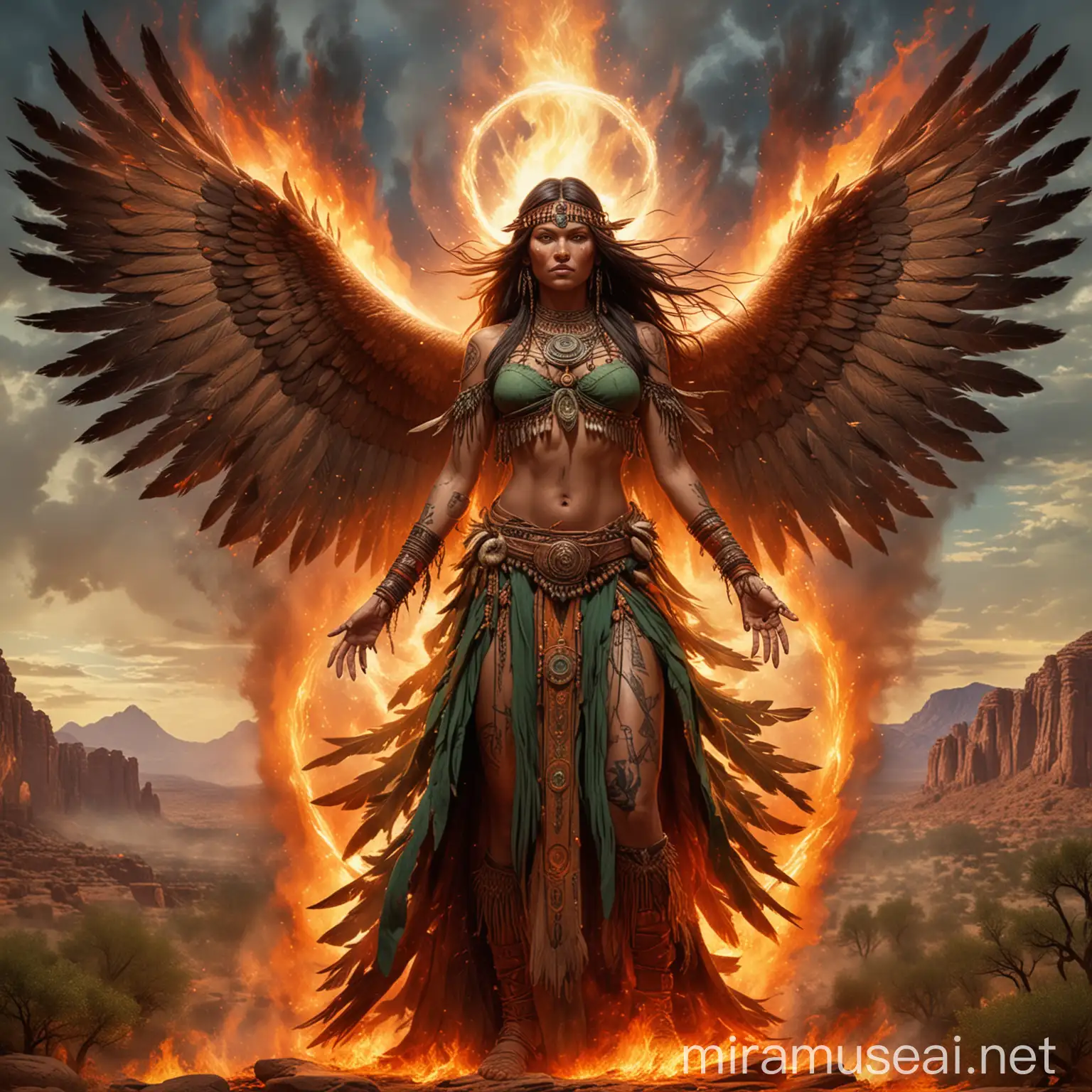 Apache Empress Goddess in Fiery Battle Stance Amid Desert and Eagles