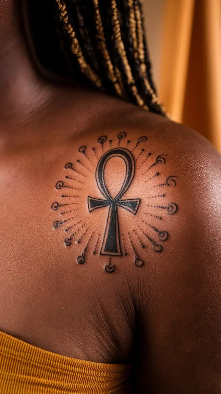 Black-Womans-Shoulder-with-Ankh-and-Adinkra-Tattoo-Design