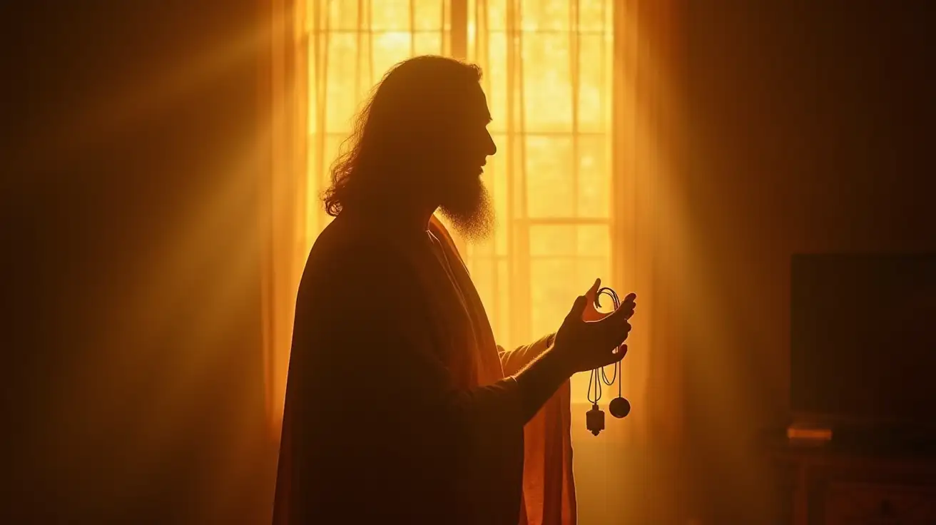 A male Druid (or symbolic silhouette) holding dowsing pendulum or energy tools in a living space. Golden light emanates from the space around them, as if the room is being cleared and blessed.