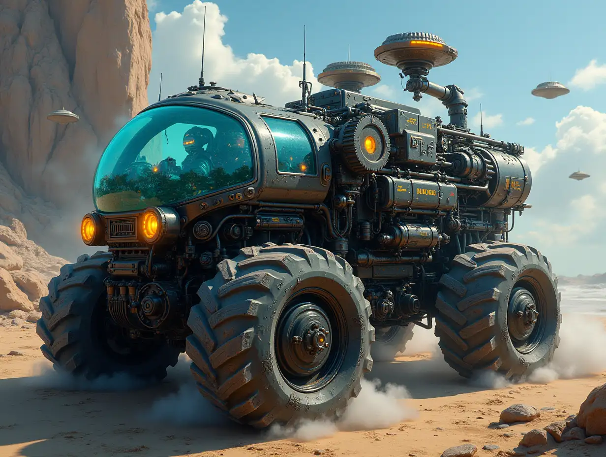 Create a crazy vehicle with many gears big windows ufo shiny Cyberpunk.