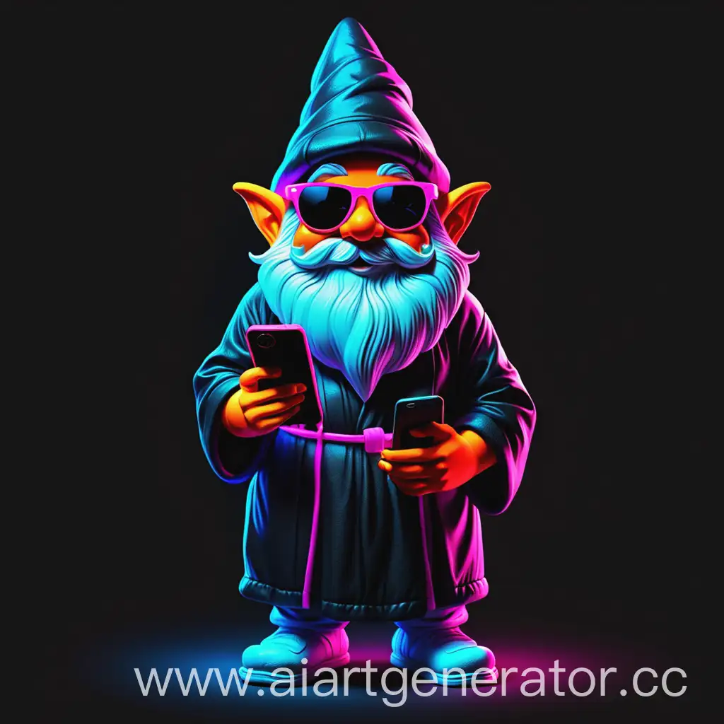 Neon-Gnome-Cartoon-Character-with-Phone-and-Sunglasses-in-Cool-Robe-2077