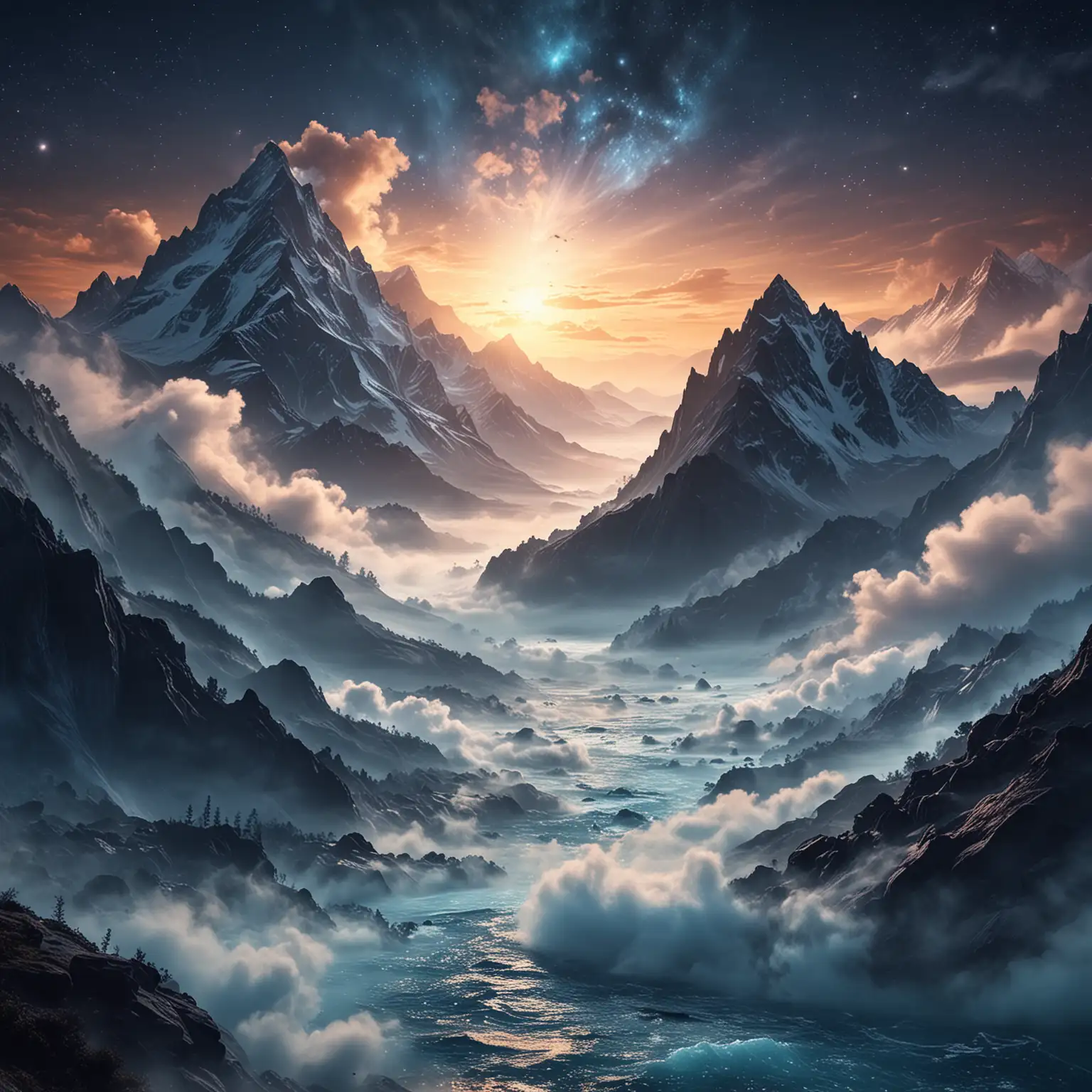 Misty Mountain Sunrise with Galaxy and Ocean View