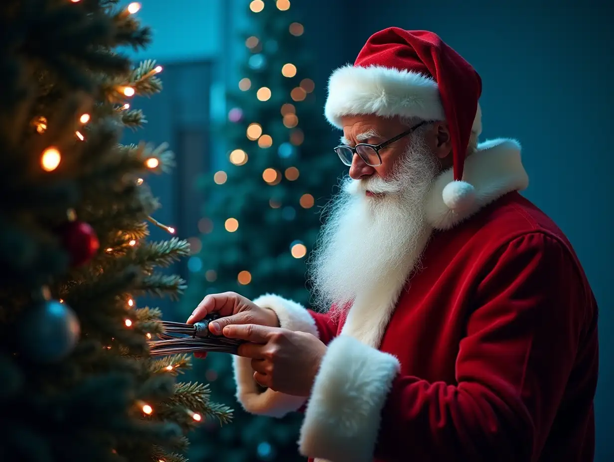 Corporate christmas card Santa installing fiber cable