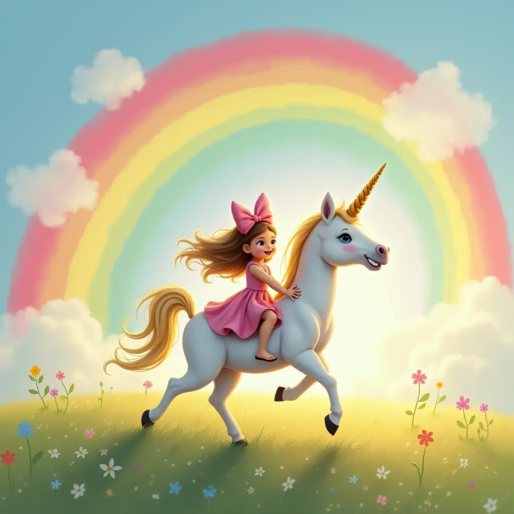 Little-Girl-Riding-a-Rainbow-with-a-Unicorn-Running-Toward-Her