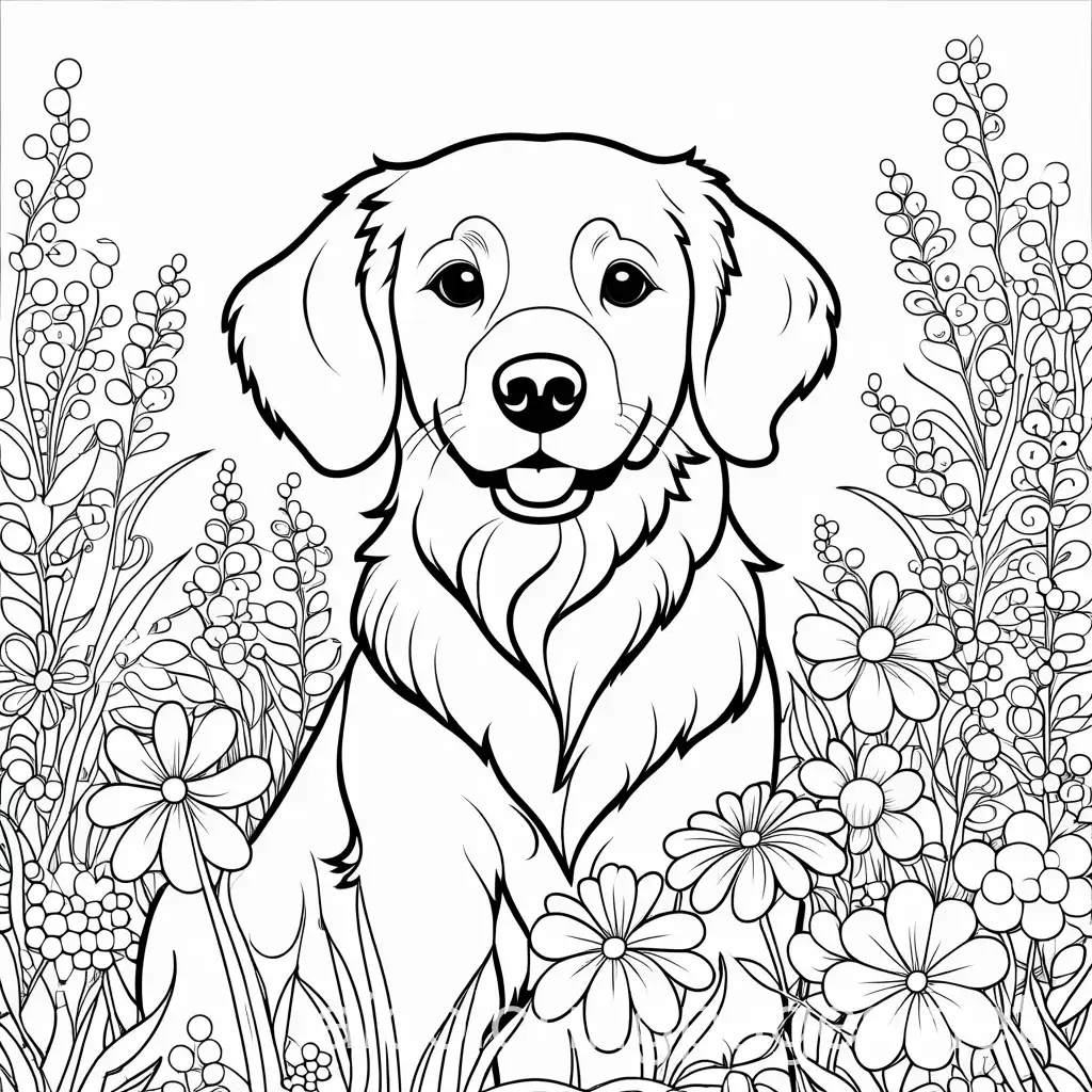 black and white coloring page cartoon style golden retriever playing in flowers, Coloring Page, black and white, line art, white background, Simplicity, Ample White Space. The background of the coloring page is plain white to make it easy for young children to color within the lines. The outlines of all the subjects are easy to distinguish, making it simple for kids to color without too much difficulty