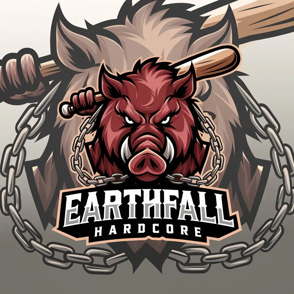 LOGO Design for Earthfall Hardcore Wild Boar with Bat and Chains Symbolizing Strength and Resilience