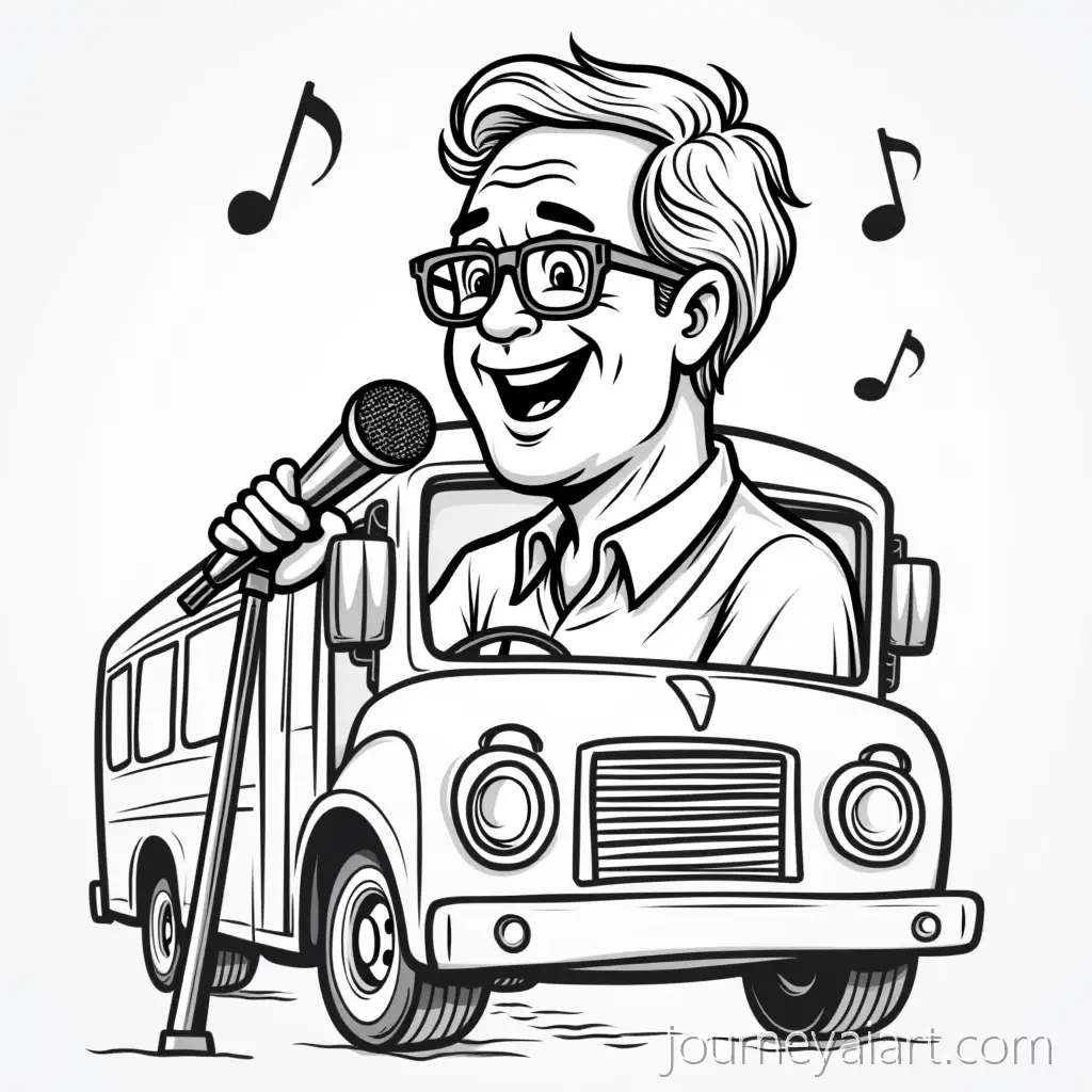 Happy-Singing-Bus-Driver-Cartoon-in-Black-and-White-TShirt-Print