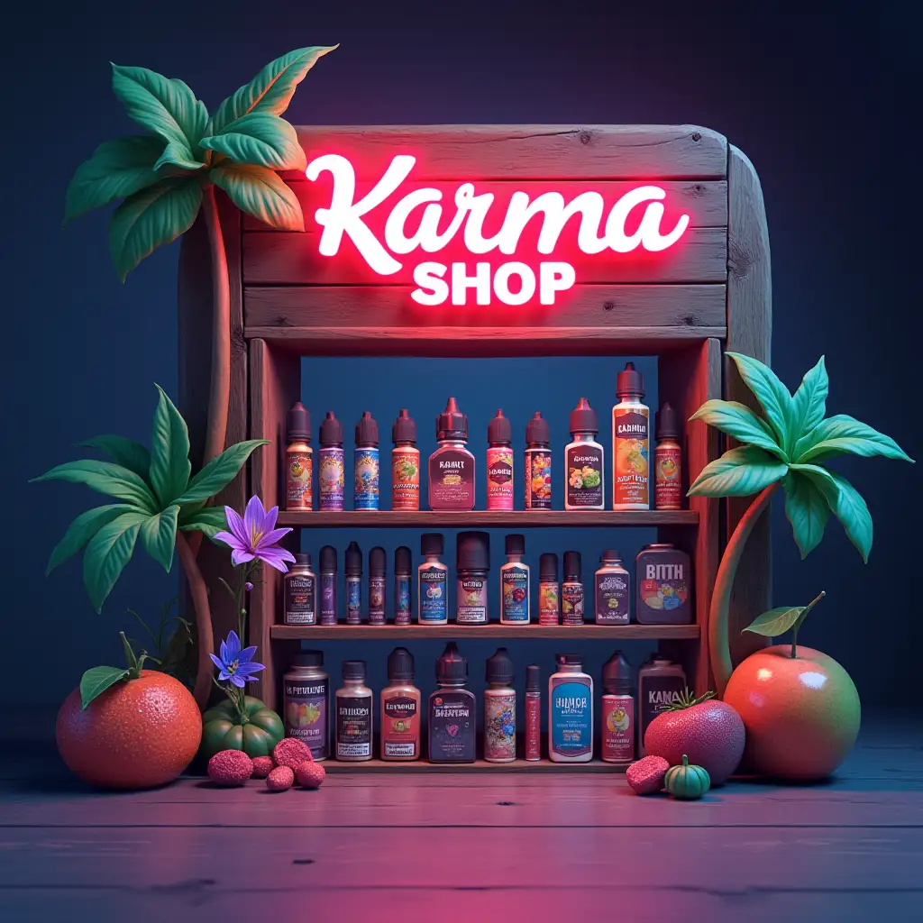 a bright cover with the inscription 'Karma Shop КОНКУРСЫ', a variety of electronic cigarettes, vaping liquids and accessories, decorated in a dynamic tropical style. The background should be smooth and modern, with subtle neon lighting and evaporation effects