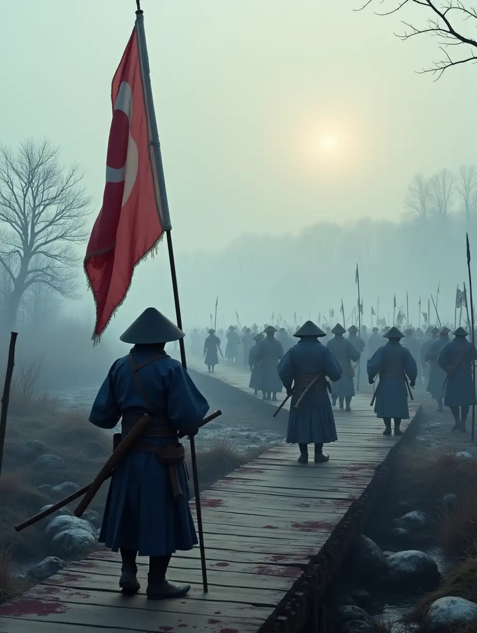 A cold and foggy dawn, enveloping a Japanese battlefield of 1868. In the center of the scene, a group of soldiers, having crossed a bridge, advance with determination. Their uniforms, hakama and a conical hat 30 centimeters high, are a deep indigo blue, contrasted by the bright red of a Nobori (high and narrow standard) with a golden sphere in the center fluttering in the wind. On the other side of the river, samurai of the shogunate, dressed in similar uniforms but dark blue with white edges, tenaciously resist. They are armed with rifles and yari (spears), as well as shorter swords. Their flags, white and black, flutter. Details to include in the image: Environment: In the background, a wooden bridge, not too large, crosses a misty river. Bare trees in the distance suggest a cold landscape. Characters: Bodies on the ground: Some samurai lie dead or injured, adding a touch of realism and drama. Weapons and equipment: Katana: rifles, a cannon, spears. Effects: Fog: Surrounds the battlefield, creating a mysterious and gloomy atmosphere. Blood: Spots of blood on the bridge and on the bodies of the fallen.