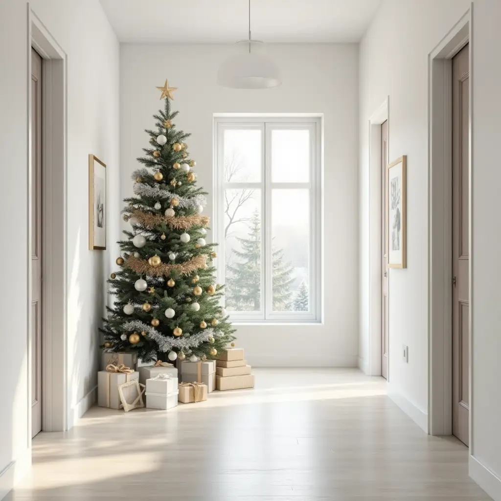 Cozy Hallway Decorated for Christmas with a Festive Tree