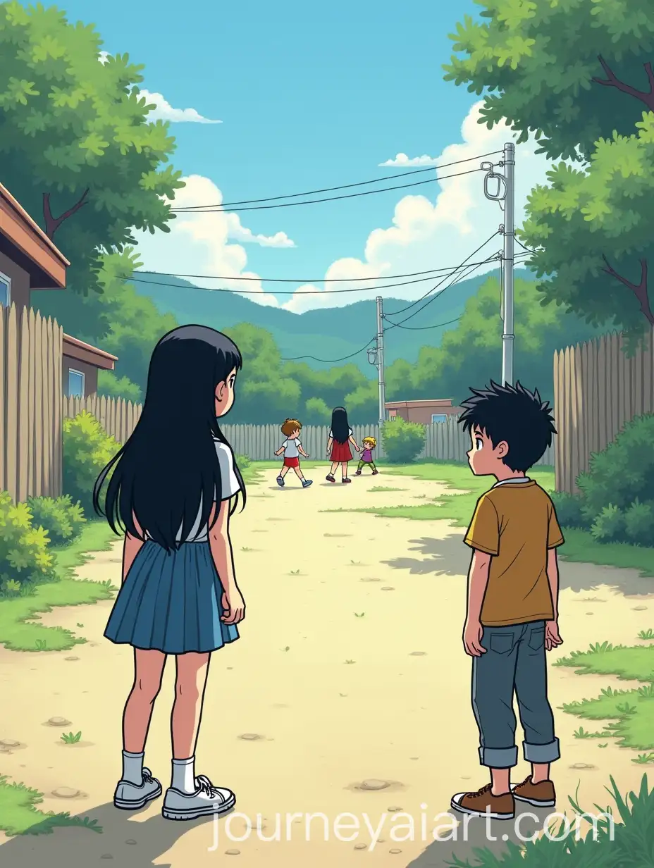 Boy-Observing-Girl-with-Long-Black-Hair-Playing-with-Friends-in-Digital-Comic-Style