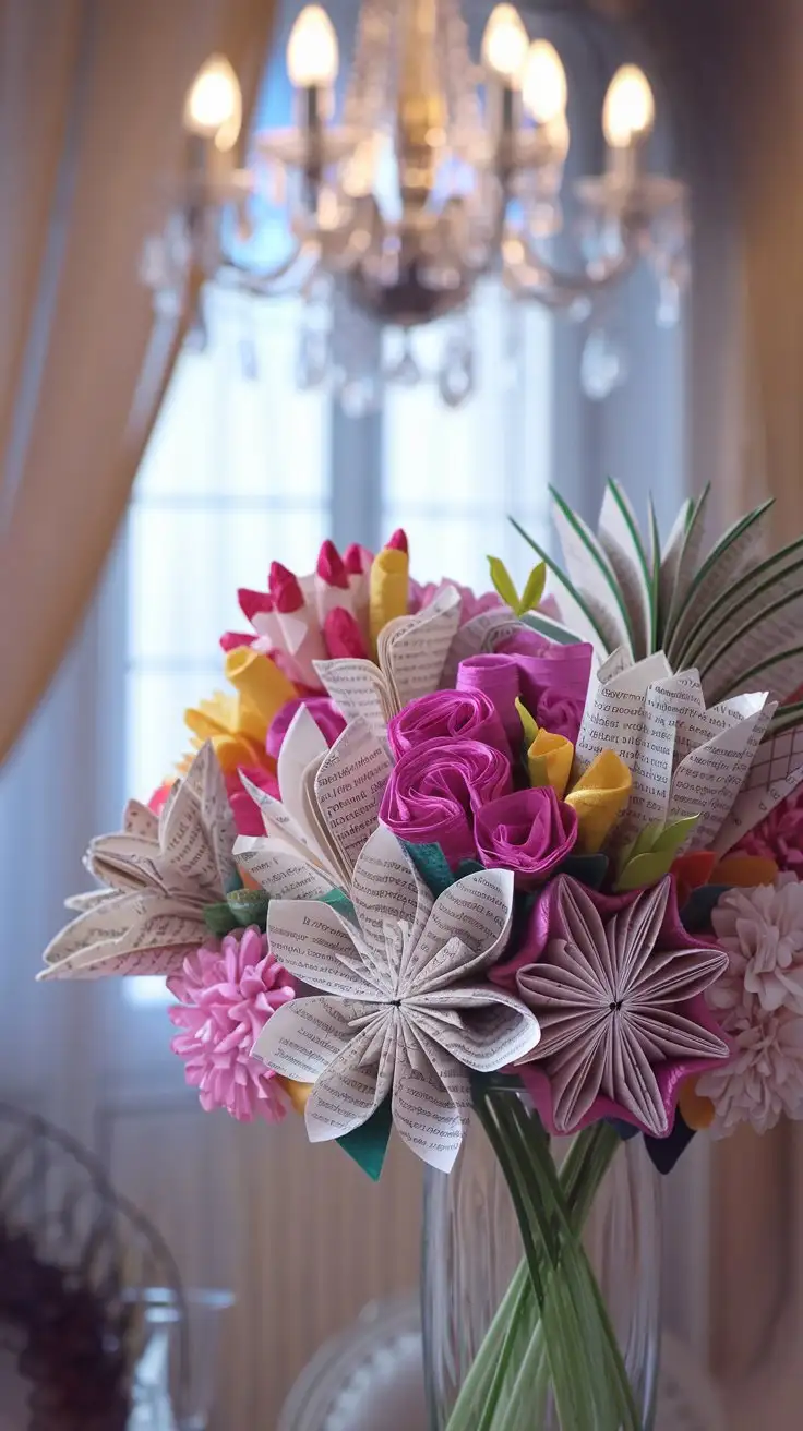 A vase filled with a vibrant bouquet of book page flowers. Flowers are crafted in various styles and sizes, showing different folding techniques. Soft, romantic lighting, flowers are delicately detailed, vase is clear glass. Midjourney, elegant, soft focus background