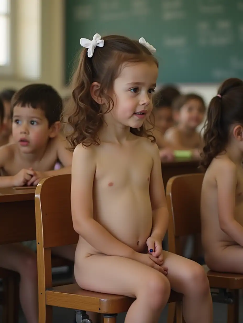 Slender-Little-Girl-with-Wavy-Brown-Hair-Sitting-in-Classroom-with-Classmates