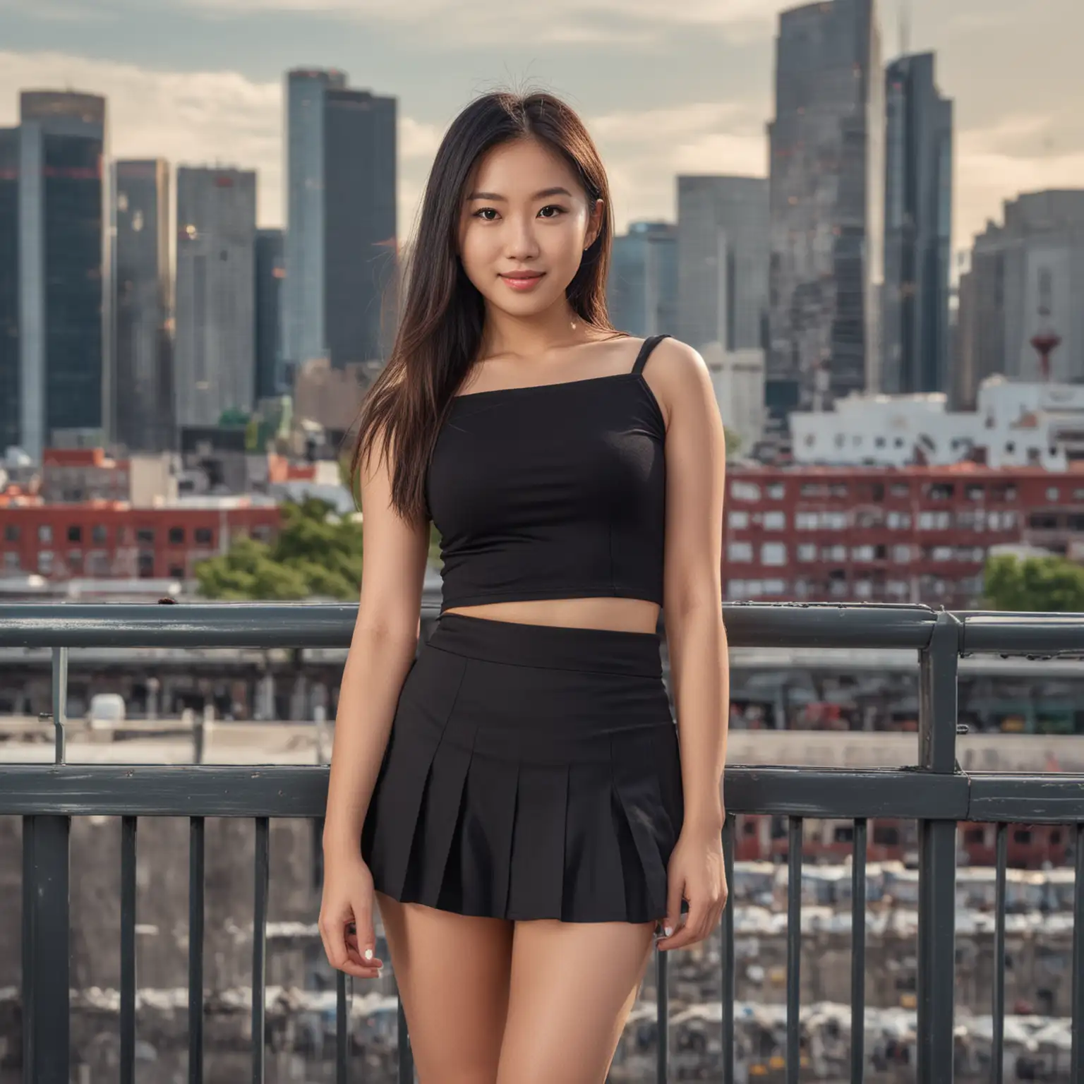 Asian woman, 24 yo. Wearing black mini skirt and black top. City background