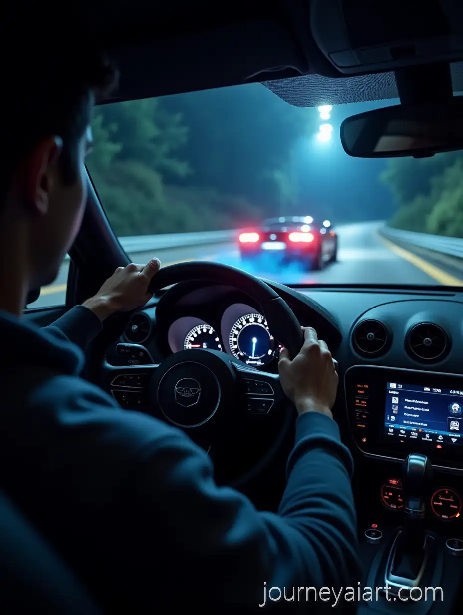 FirstPerson-View-of-Hands-on-SteeringAI-Image-Prompt-Expansion-Wheel-in-Sports-Car-with-Blue-Flame-and-Nighttime-Race