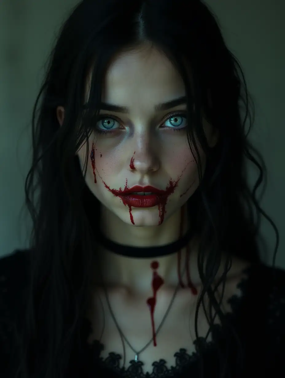 beautiful vampire girl, 20 years old, with white eyes, streaks of blood on her lips and neck, Halloween atmosphere, dark cinematic light, fairy-tale character