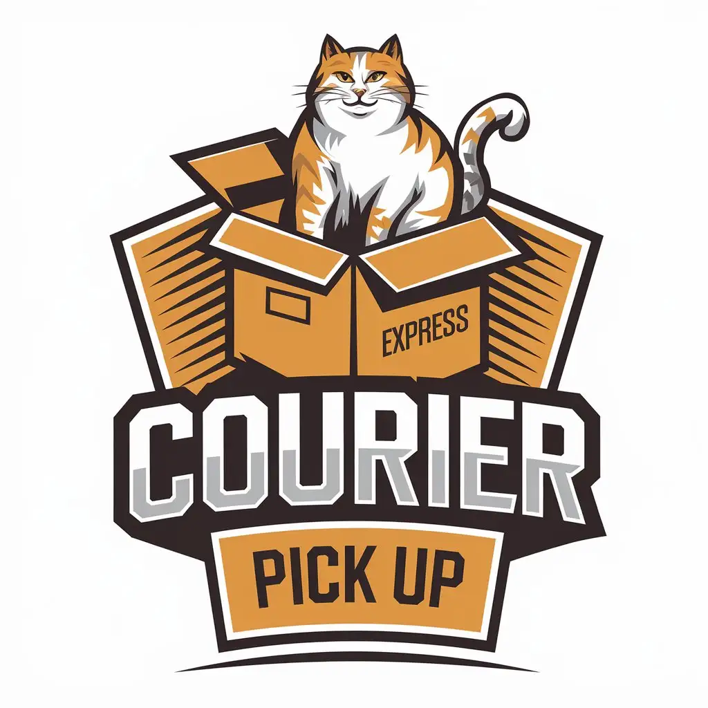 a vector logo design,with the text "courier pick up", main symbol:Express box, big brother cat,Moderate,be used in Events industry,clear background