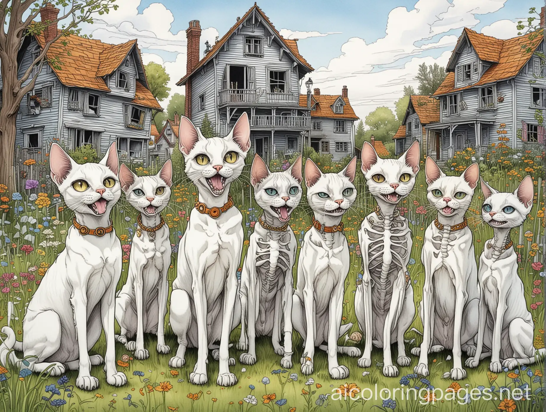 Five-Colorful-Cats-with-Terrifying-Skeletons-in-an-Abandoned-Setting