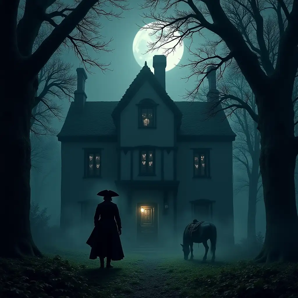 Eerie-Moonlit-Forest-with-Highwayman-and-Ghostly-Tudor-Manor