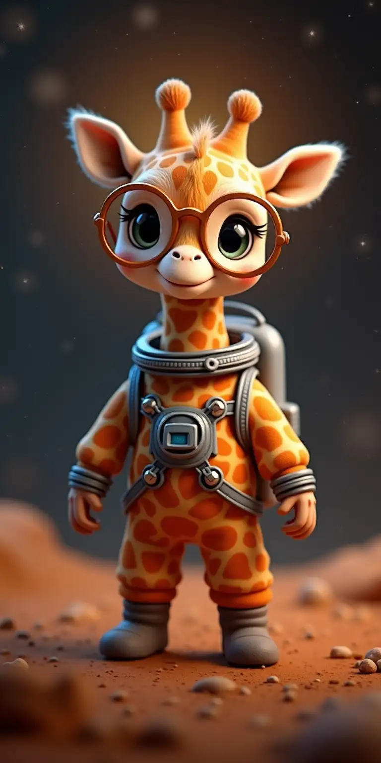 small little baby giraffe with glasses dressed as an astronaut in the space and the sun