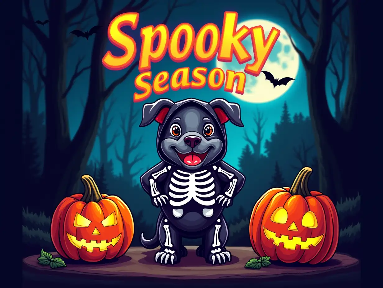 Vector. A playful Pit Bull puppy dressed in a detailed skeleton costume, standing proudly between two intricately carved pumpkins. The dog has a mischievous grin and bright eyes. The background is a dark, spooky forest with a full moon and bats flying overhead. The overall style is vibrant and whimsical. featuring the word 'Spooky Season' in bold, stylized text. neon style