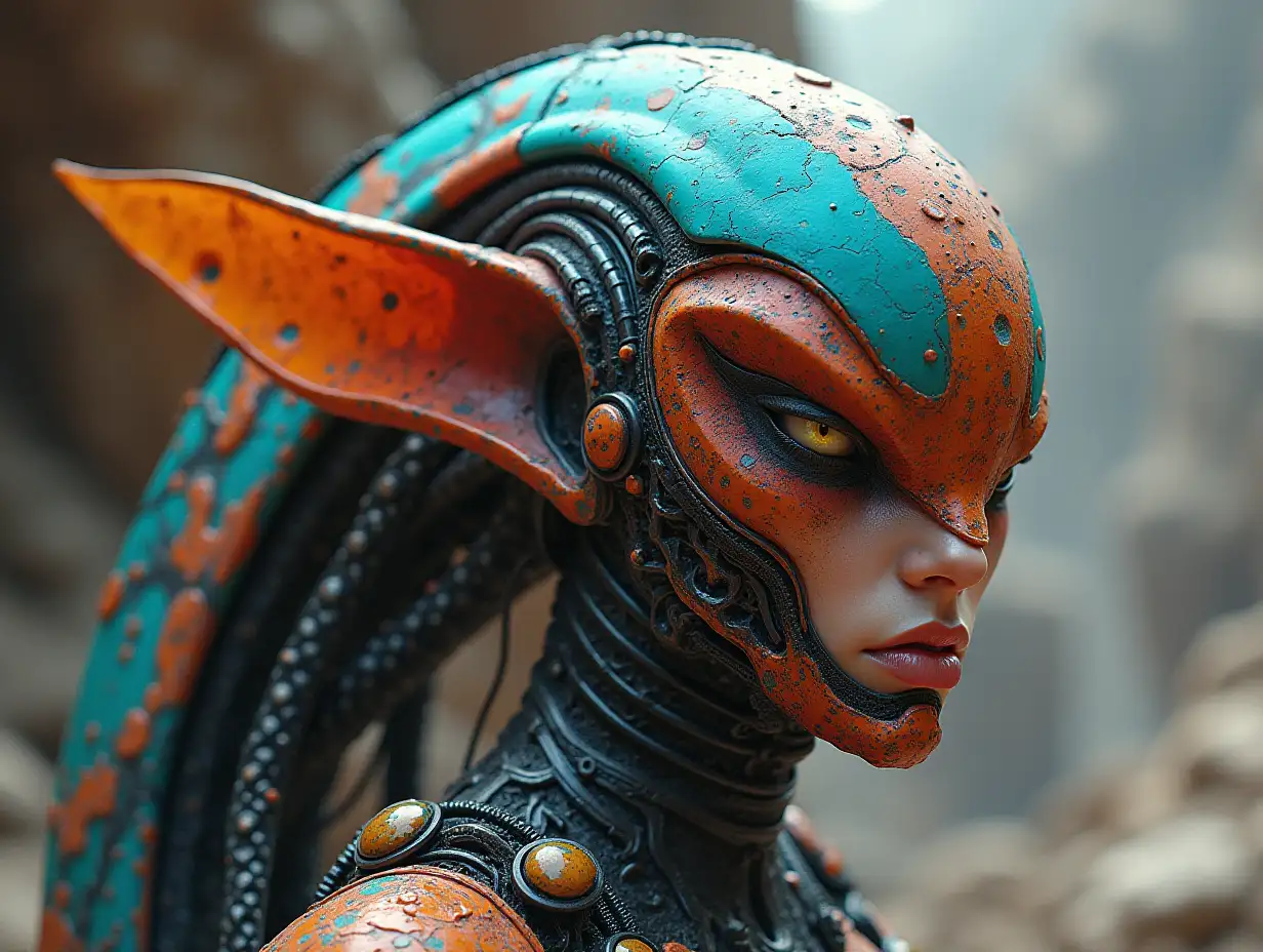 Hyperrealistic of a beautiful alien queen, futuristic, intricately detailed, colorful and rocky background.