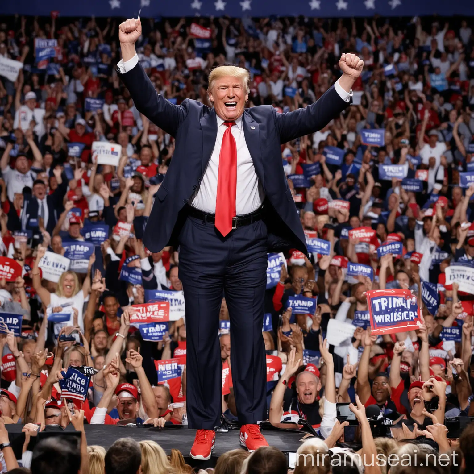 Donald Trump Celebrating Victory on Stage in Nike Sneakers