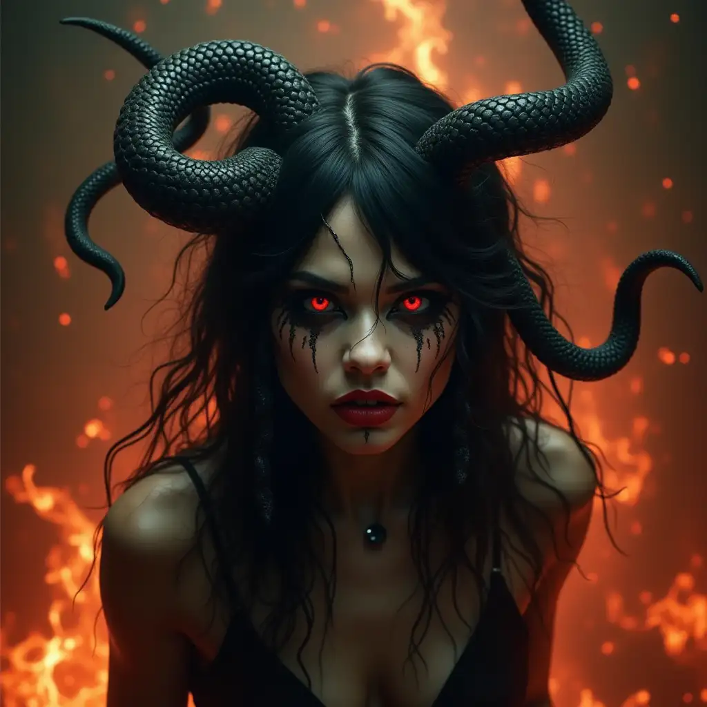 This image depicts a fantastical and dark scene featuring a figure with striking red eyes, black hair adorned with serpentine elements, and elaborate, gothic makeup. The background is filled with a fiery, ominous atmosphere, suggesting a hellish or otherworldly setting. The figure appears to be in a state of transformation or battle, with a sense of intensity and danger. The overall aesthetic is reminiscent of fantasy art, possibly inspired by mythological or horror themes.