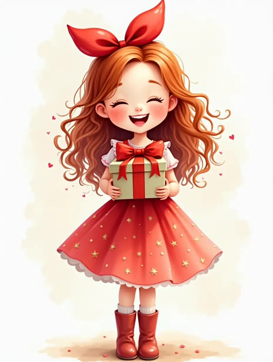 photorealistic airy realistic watercolor, photorealism, wide strokes, a gentle girl in full height of European DreamWorks appearance, reddish curls, drawing of eyelashes, playfully laughing, eyes closed, rosy cheeks freckles, a large red bow on her head, dressed in a red fluffy oneairy dress with sequins. boots on feet.holding a beautiful gift with a red bow, complex full-length perspective, watercolor, ink, beautiful, 4k, high detail