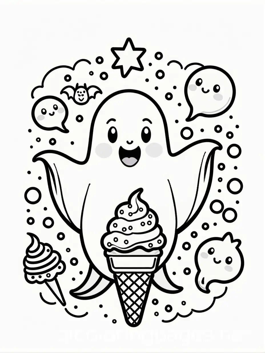 Kawaii-Ghost-Enjoys-Ice-Cream-Cone-Coloring-Page