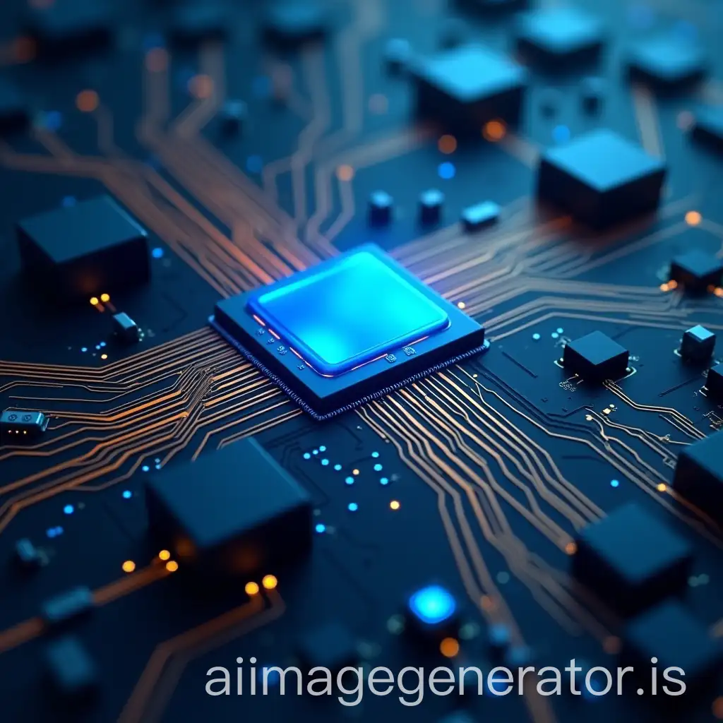 integrated circuit with illuminated blue elements, golden electric tracks, a blurry rectangular chip in the center, futuristic, digital style