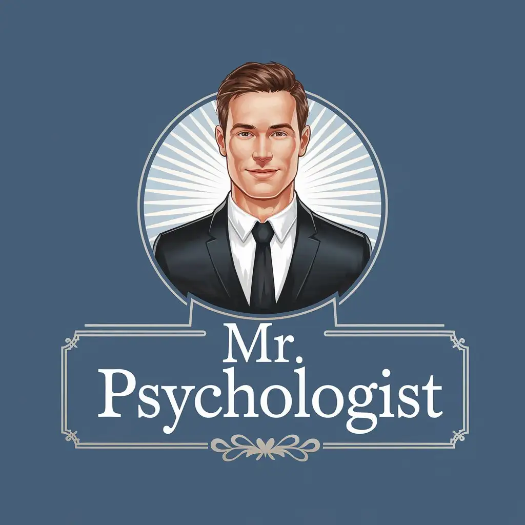 LOGO Design for Mr Psychologist Professional Male Psychologist with Black Suit Blue Calm Background