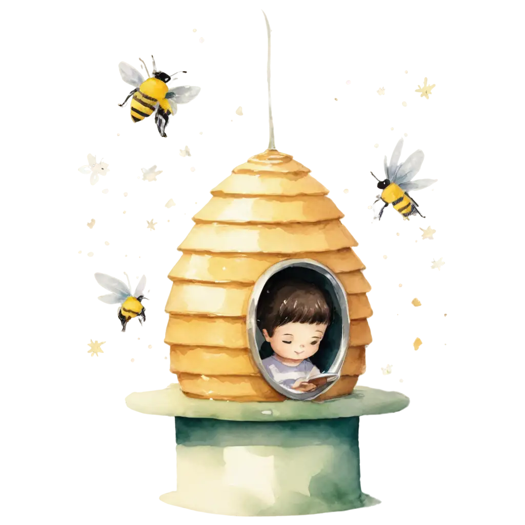 Whimsical-Watercolor-PNG-Image-of-a-Beehive-Inside-a-Beehive-Looking-at-a-Phone