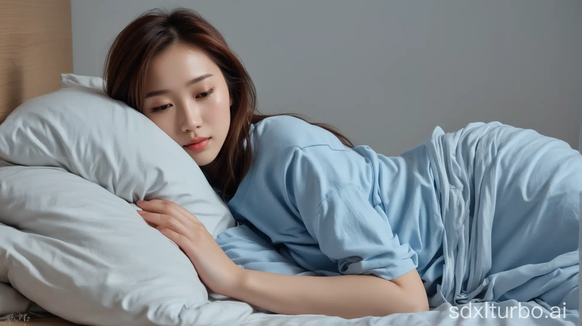 Chinese-Woman-Sleeping-in-Winter-Night-in-Light-Blue-TShirt