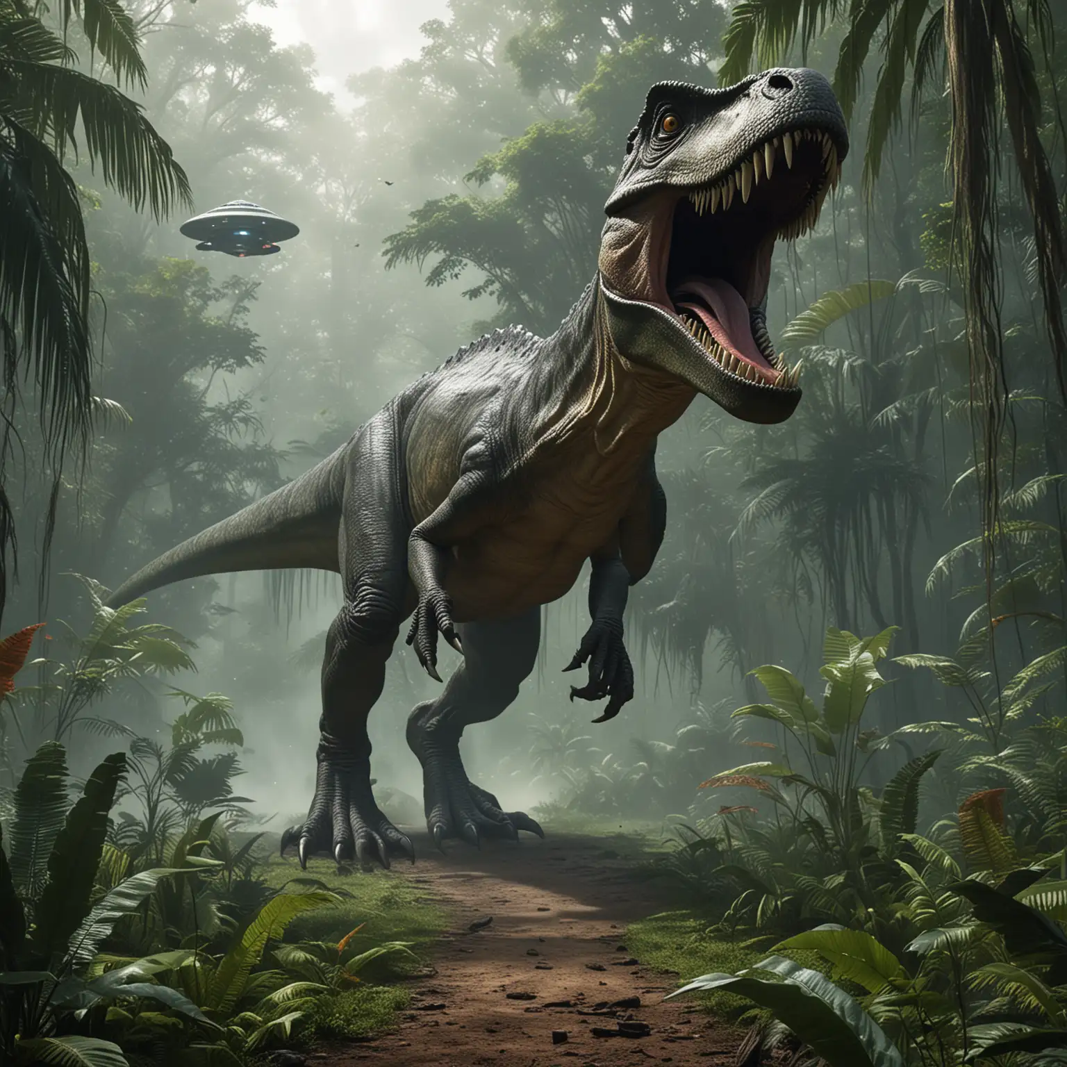 Tyrannosaur-Encounter-with-Flying-Saucer-in-Jungle