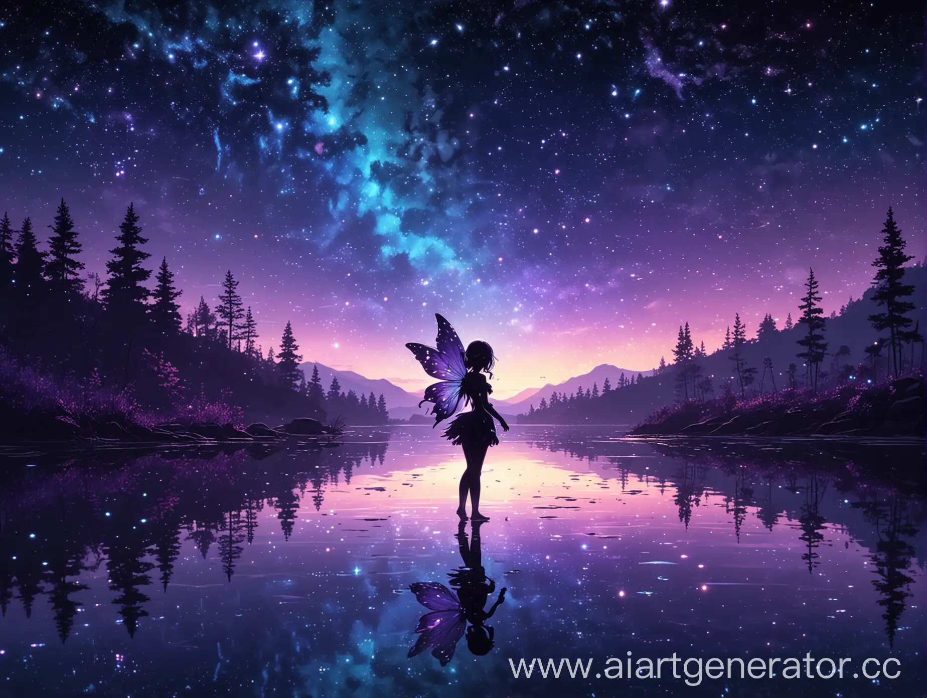 A silhouette of a small cute fairy with beautiful iridescent butterfly-like wings flying through a starry purple-blue fantasy-like shining deep night sky over a lake. Anime, kagaya studio style, aurora borealis, bioluminescence