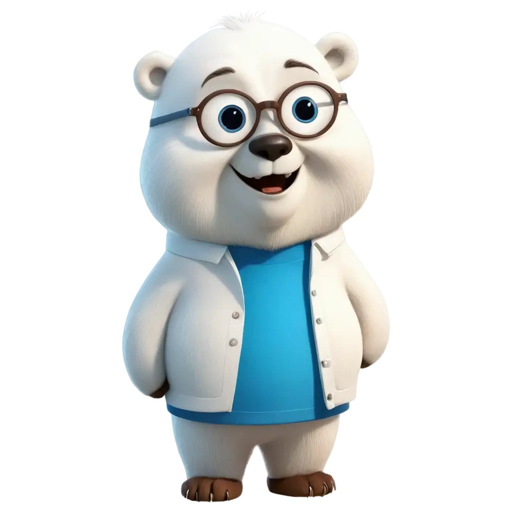 create an adult friendly slightly chubby polar bear standing waving 'hi' wearing blue tshirt. have an eyes of an adorable wise owl wearing big eyeglasses. Make it an illustration/drawing