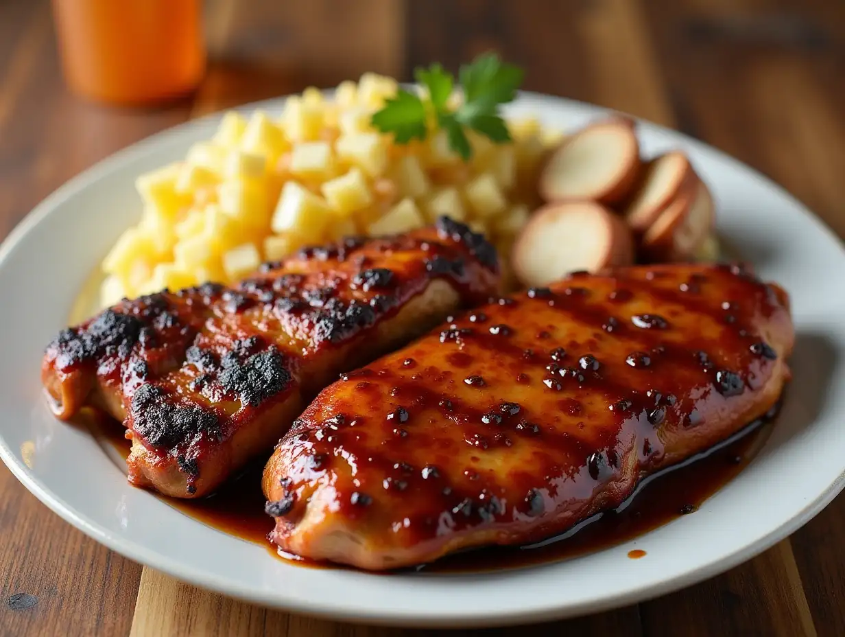 Delicious Plate of BBQ Chicken and Potato Salad on a Wooden Table Shot from Above.