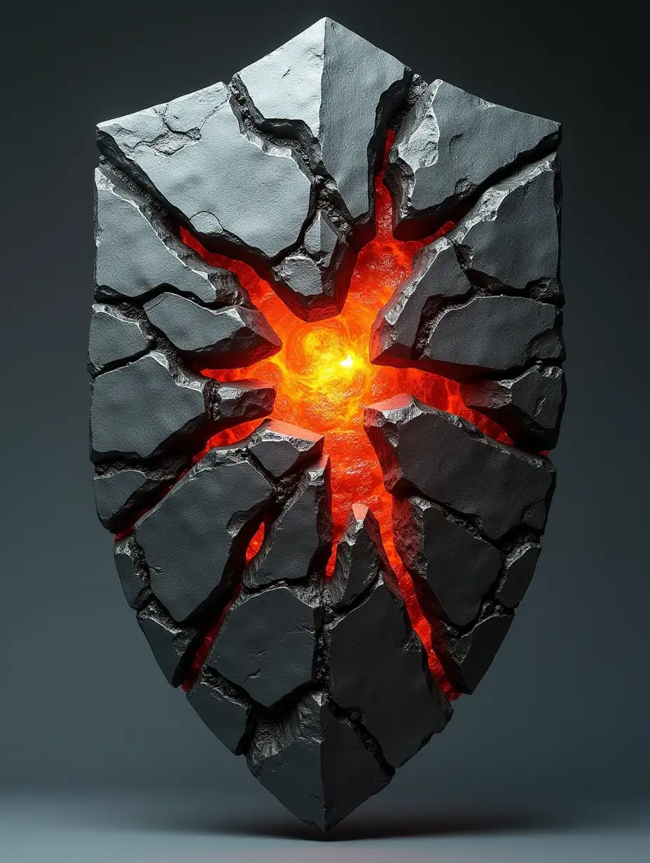 Model of Asymmetric shield, made of broken stone and lava, transparent background