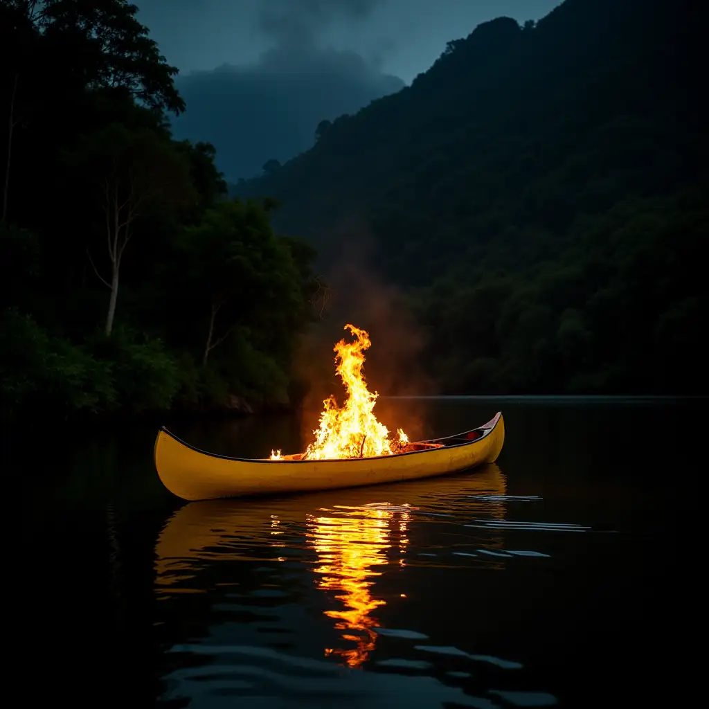 A yellow canoe on fire in the lagoon, Amazon rainforest, at night, high contrast, very dark, real, photography