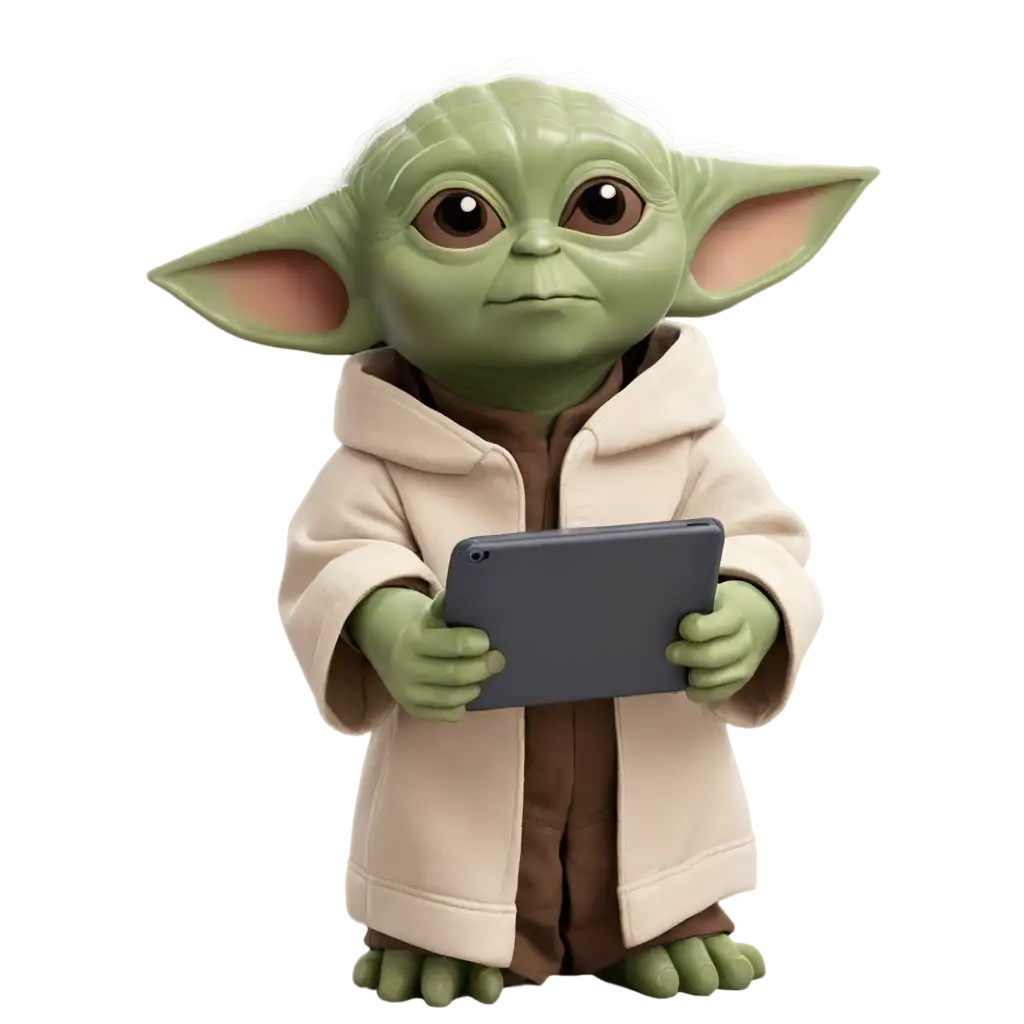 Baby Yoda holding a tablet