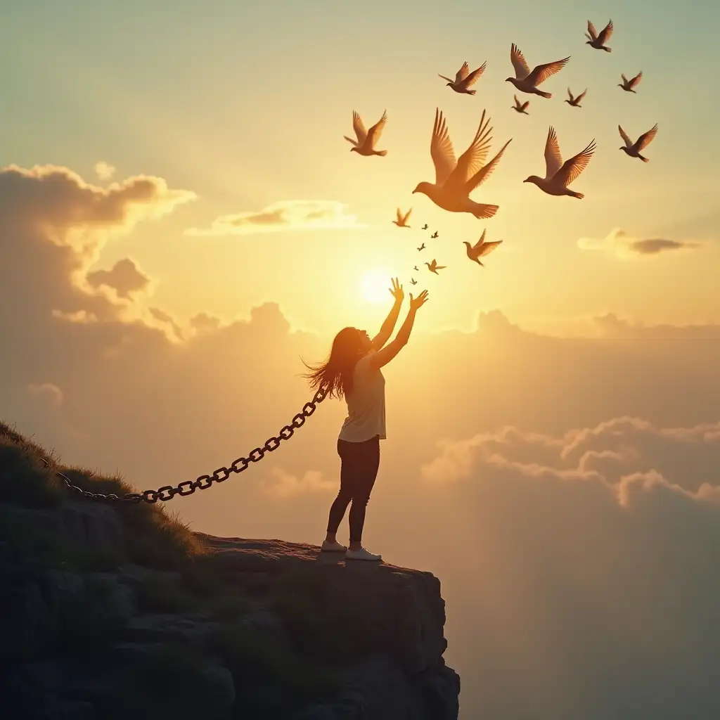 A person standing on a mountain cliff, releasing a heavy chain from their hands. As they let go, they begin to rise gently into the sky, surrounded by glowing golden birds. The background is a soft sunrise with floating clouds, symbolizing freedom and peace