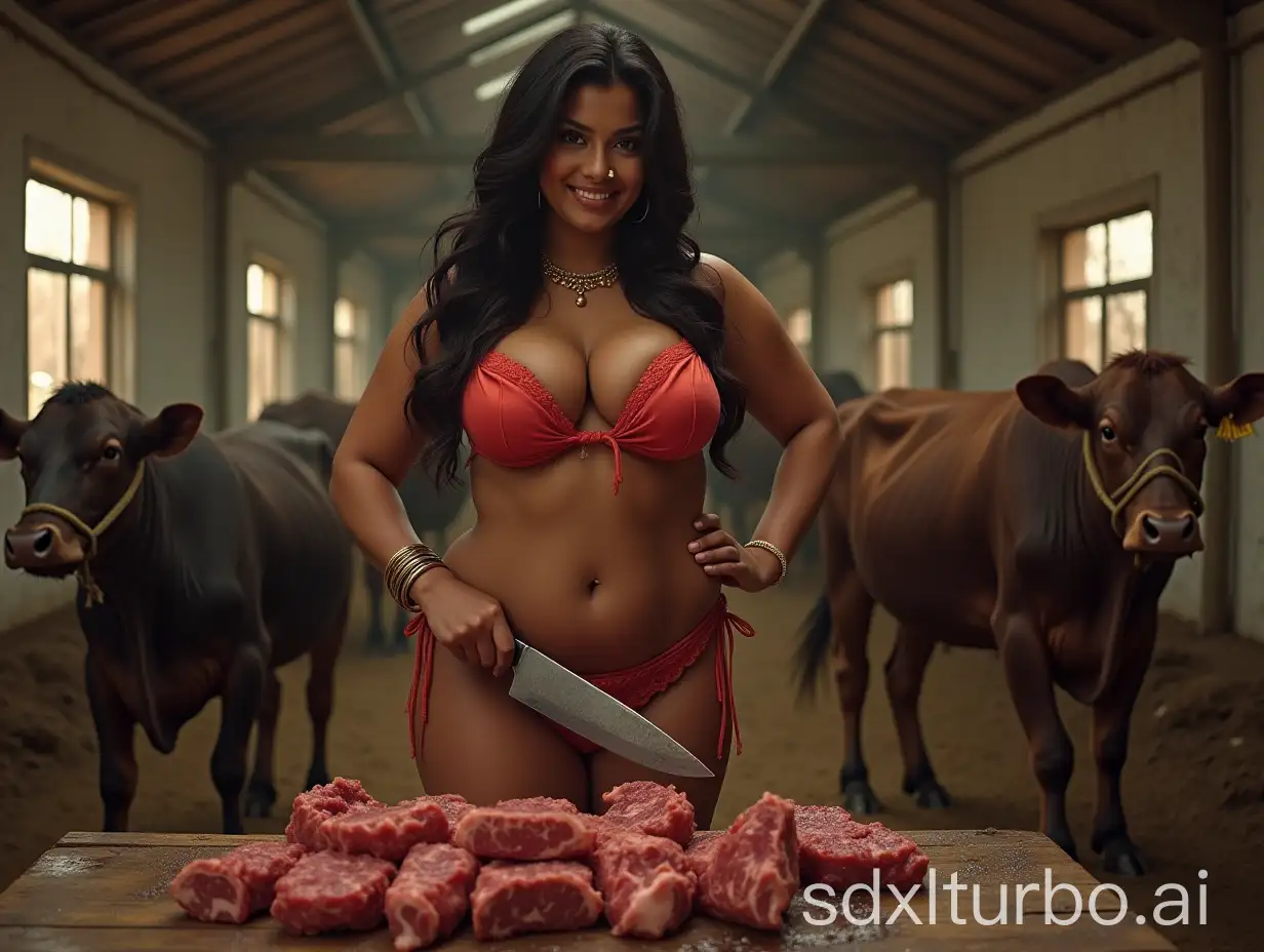 Curvy-Indian-Woman-with-a-Playful-Smirk-Chopping-Steaks-in-a-Rustic-Hall