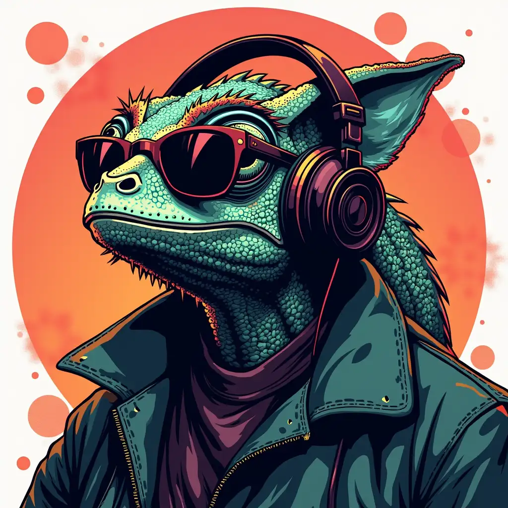 dj chameleon, with jacket and dark glasses, with headphones, japanese comic style, for a logo