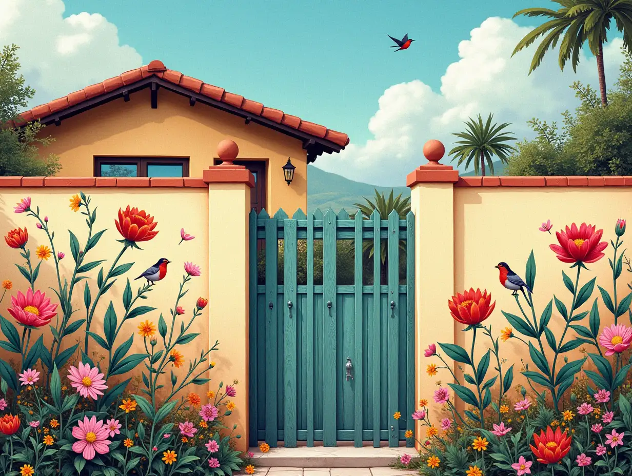 Vibrant NeoConcrete Art A House Fence Adorned with Flowers and Birds