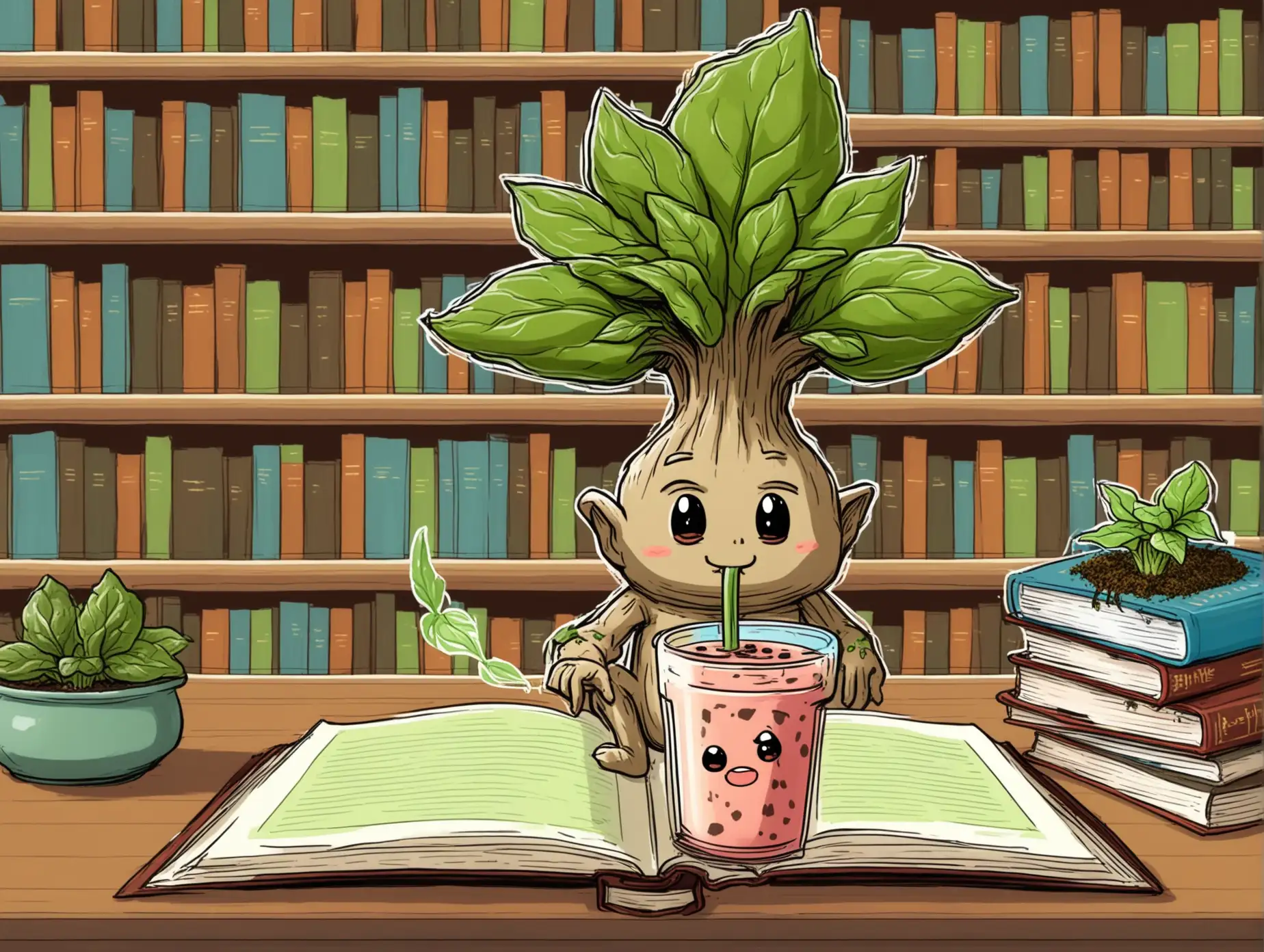 Draw a smart, cute and inquisitive mandrake root in a pot, reading an encyclopedia in the library and drinking a smoothie