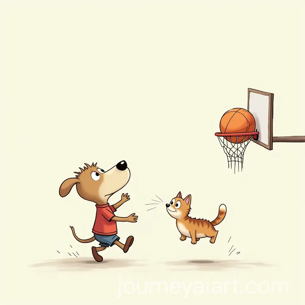 Whimsical-Animated-Scene-of-a-Dog-and-Cat-Playing-Basketball