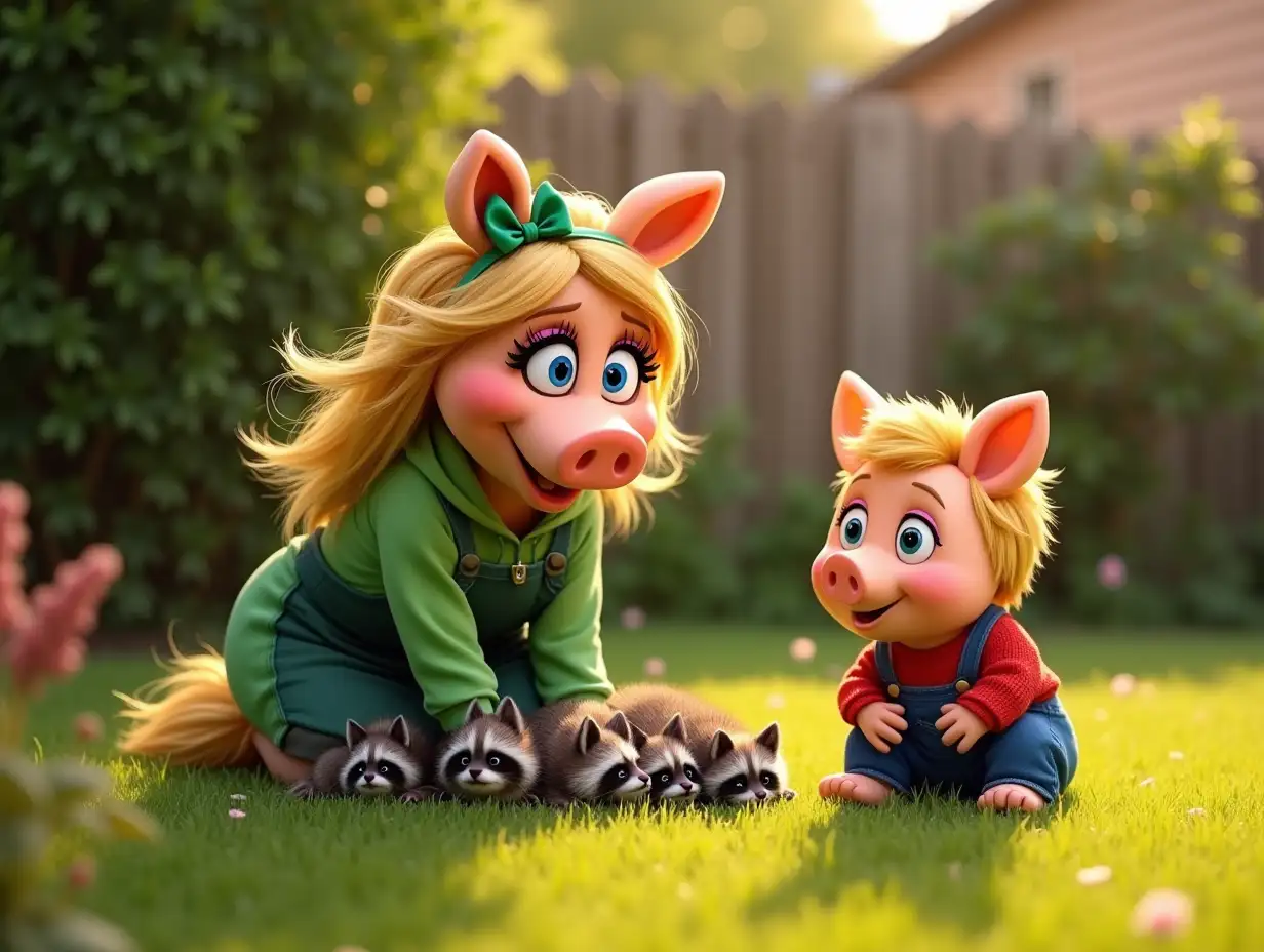 Miss Piggy, a cheerful anthropomorphic pig with blonde hair tied in a green bow, kneels on the grass in her backyard, wearing her green apron over her hoodie. Her face lights up with a kind smile as she looks under a bush, where tiny baby raccoons huddle together, chirping softly. Beside her, Oliver, a young piglet with short blonde hair, wearing blue overalls and a red sweater, crouches next to her with wide eyes, his hands resting on his knees. The backyard glows with warm sunlight, highlighting the greenery and the touching discovery.