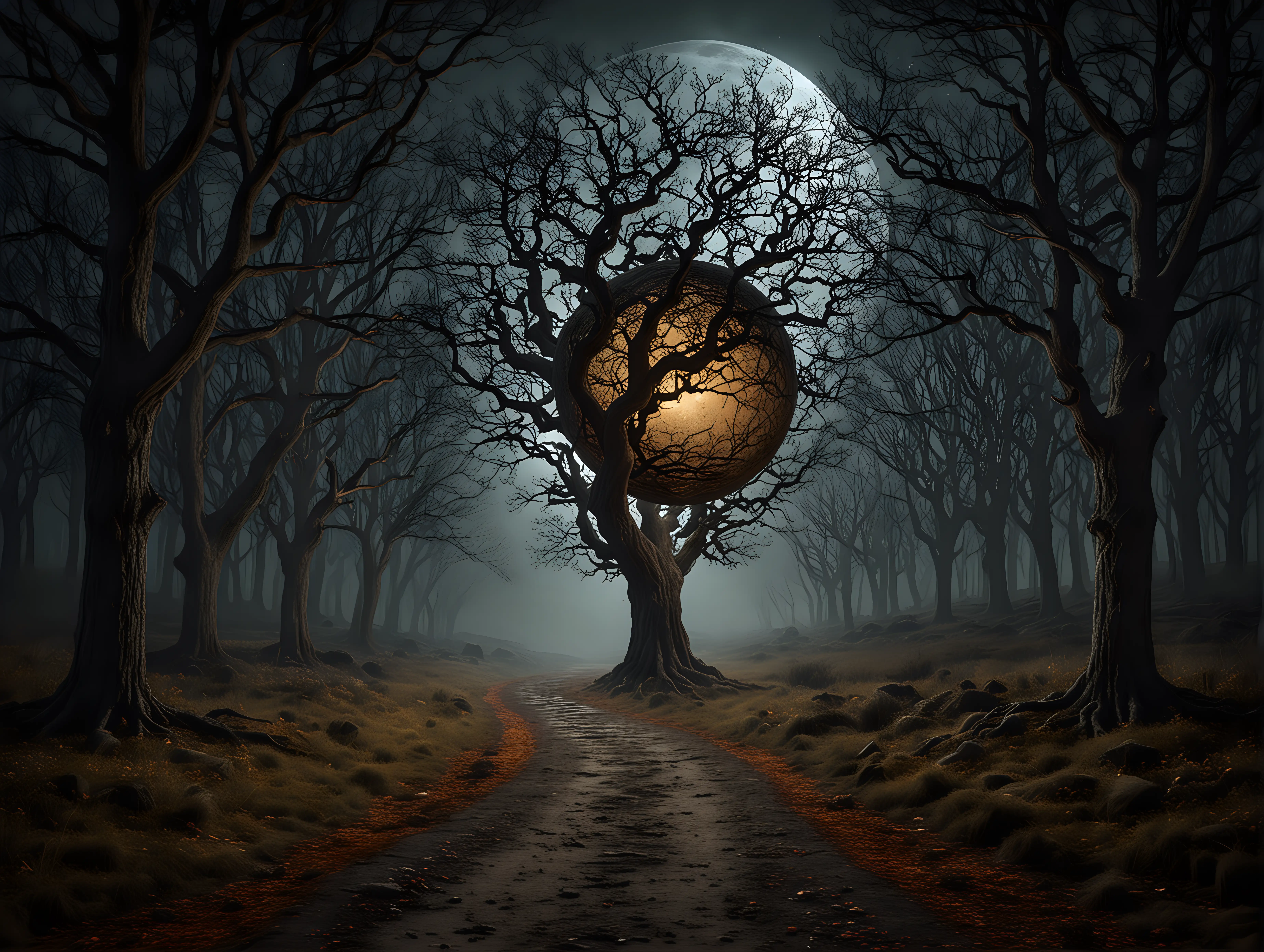 scarry forest dark large oak tree autumn moonlit night dirt path hill and valley floating sphere fantasy